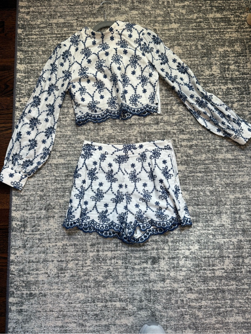 Aqua White and Navy Embroidered Crop Top & Shorts Set